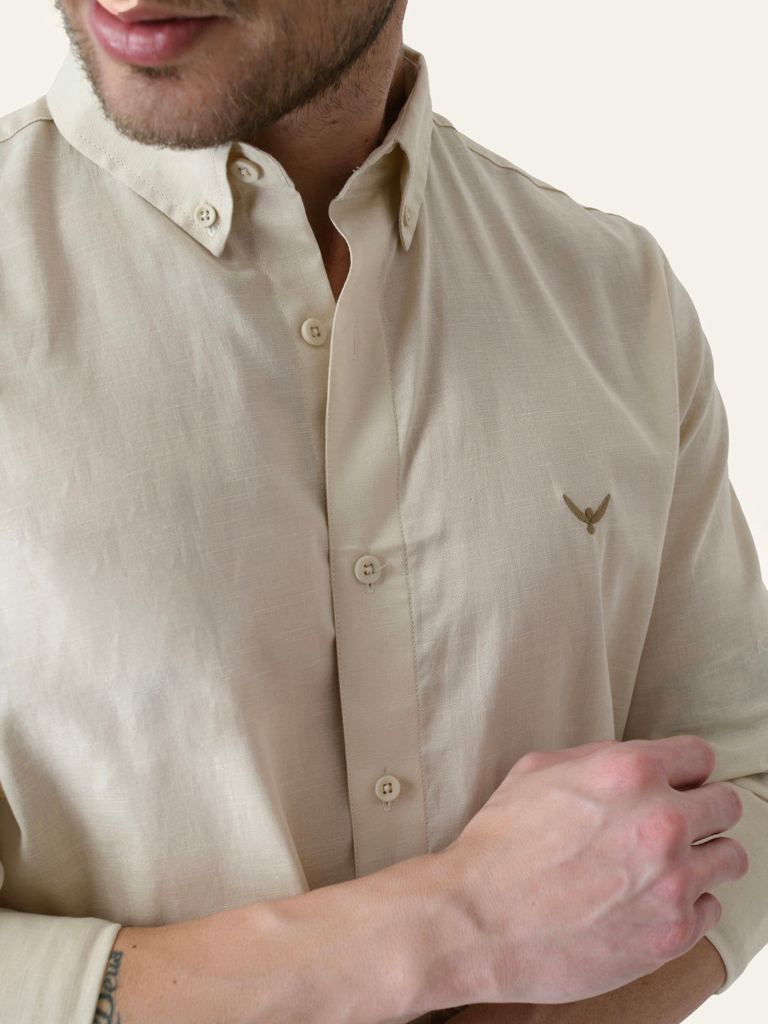 Cream Solid Slim Fit Linen Cotton Shirt