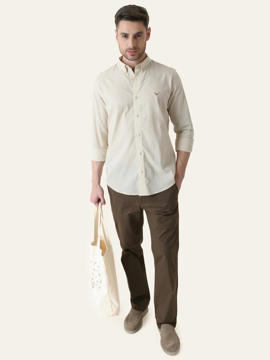 Cream Solid Slim Fit Linen Cotton Shirt