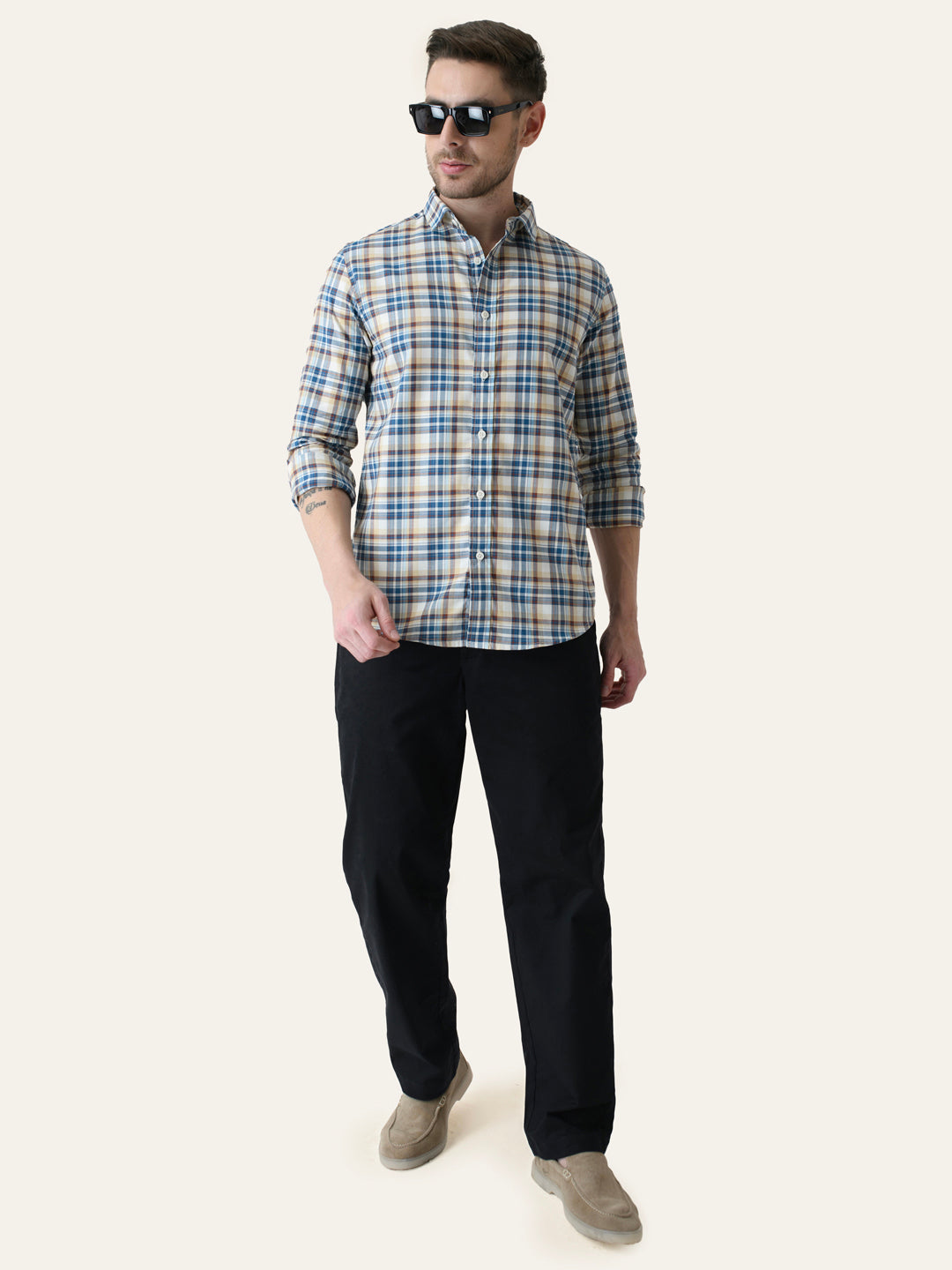 Beige & Blue Cotton Checked Shirt