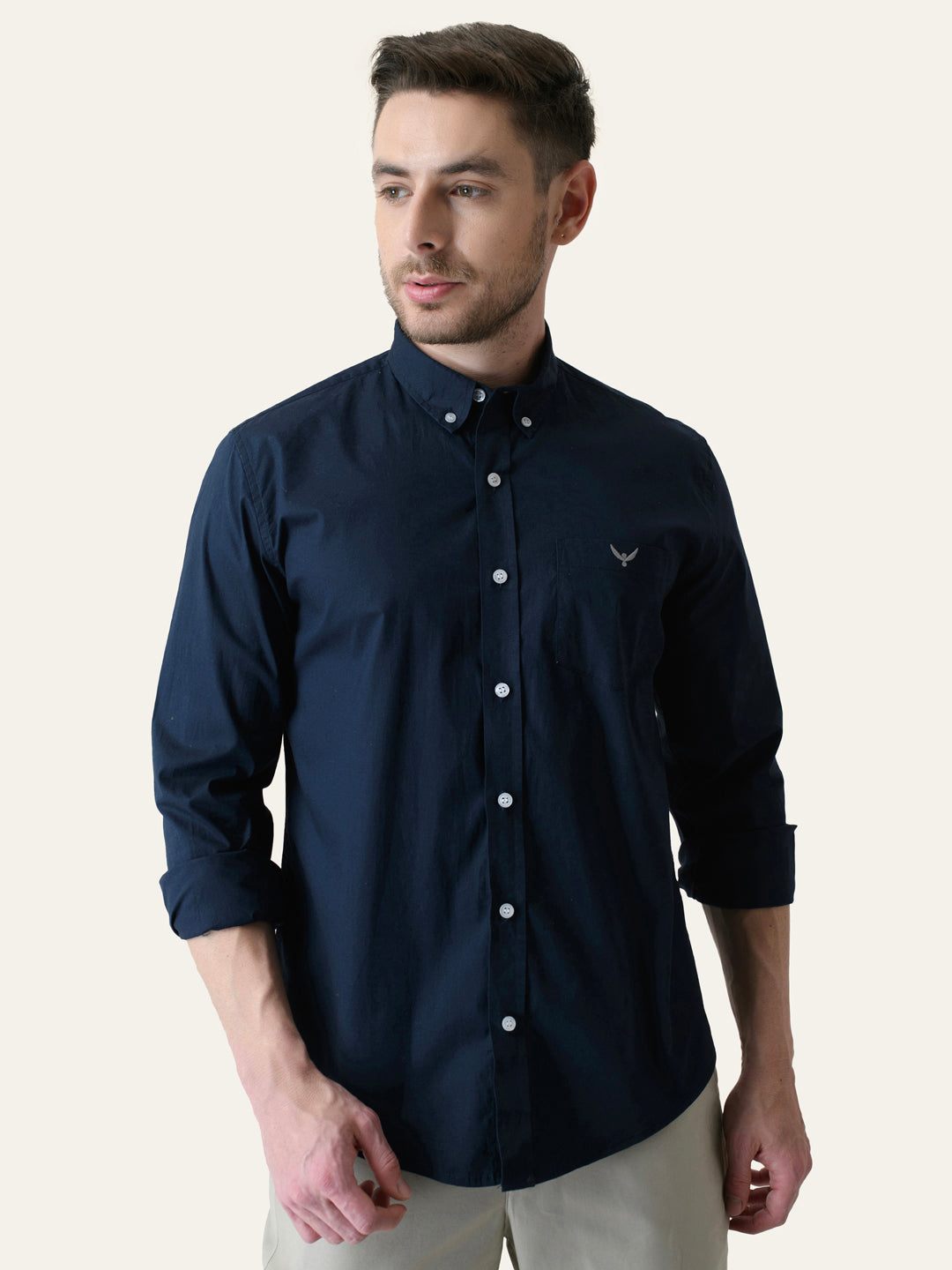 Navy Blue Solid Slim Fit Cotton Shirt