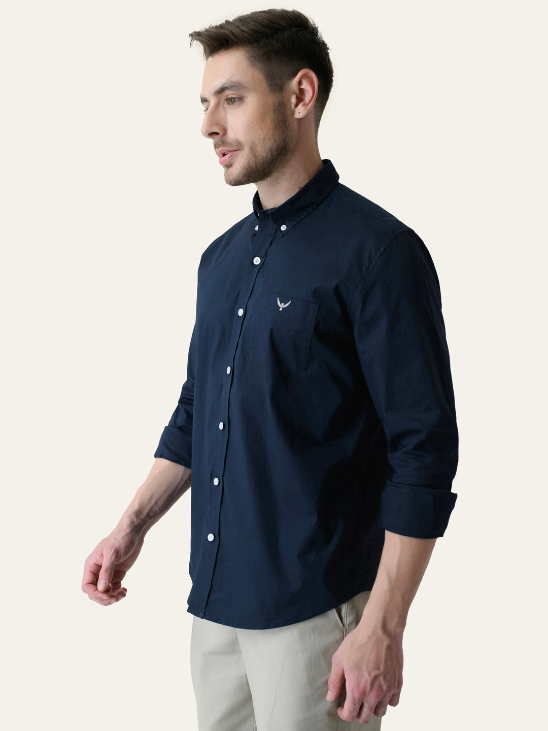 Navy Blue Solid Slim Fit Cotton Shirt