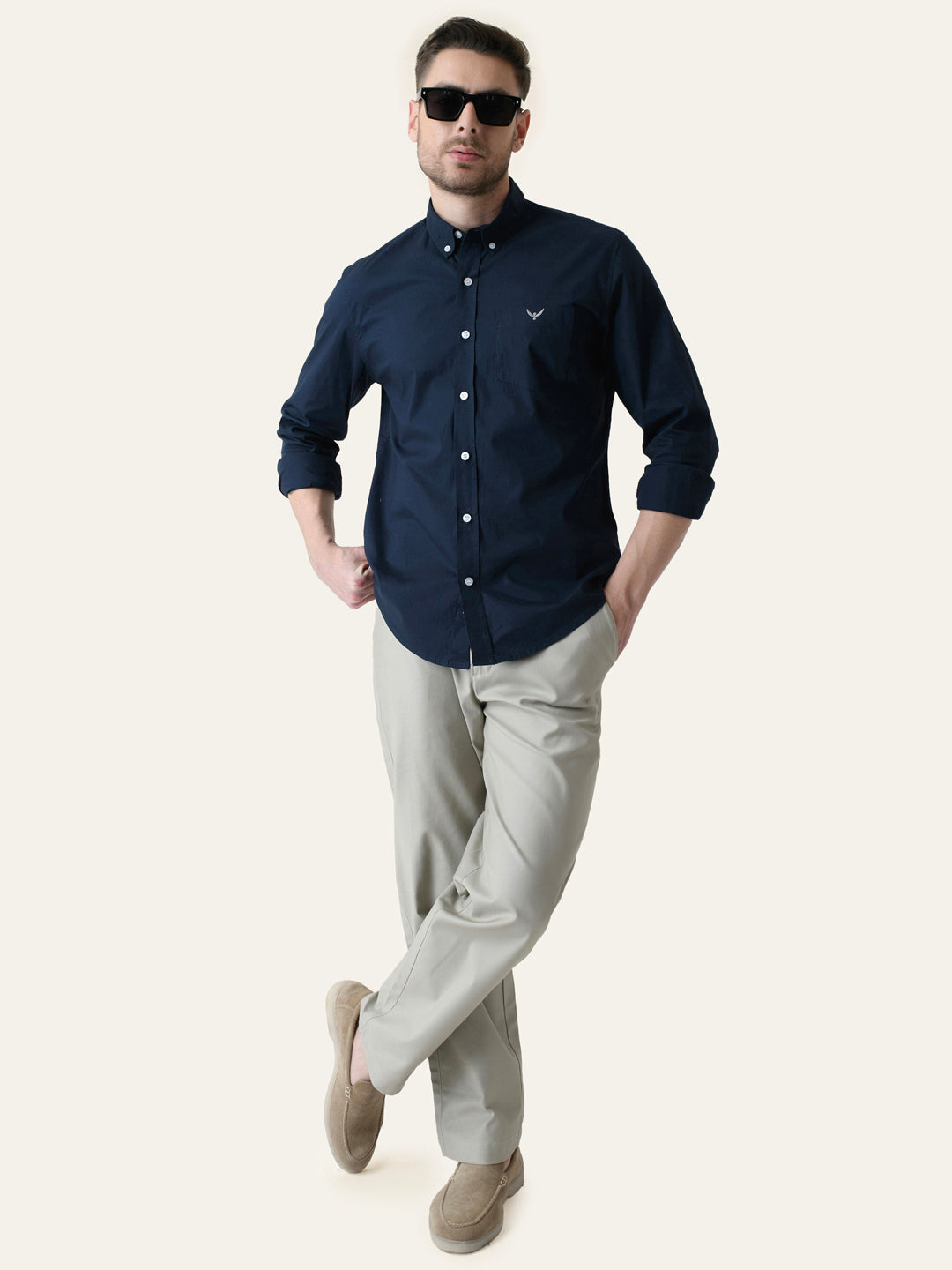 Navy Blue Solid Slim Fit Cotton Shirt