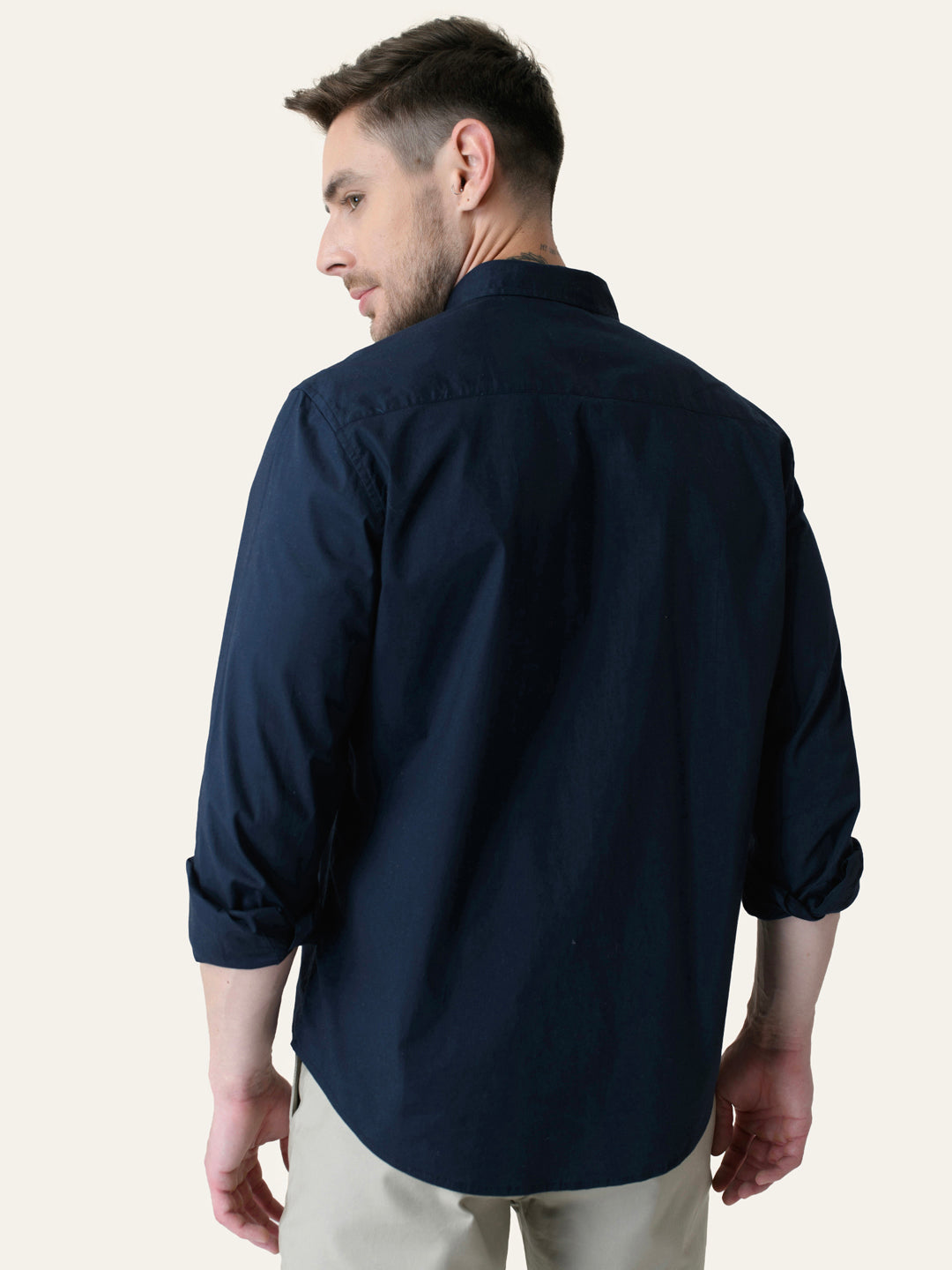 Navy Blue Solid Slim Fit Cotton Shirt