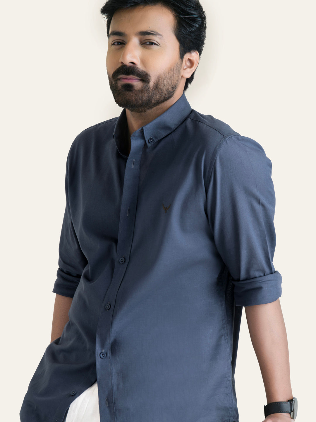 Dark Grey Solid Slim Fit Linen Cotton Shirt