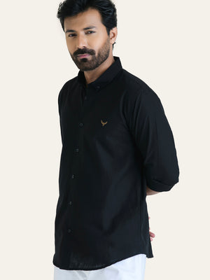Black Solid Slim Fit Linen Cotton Shirt