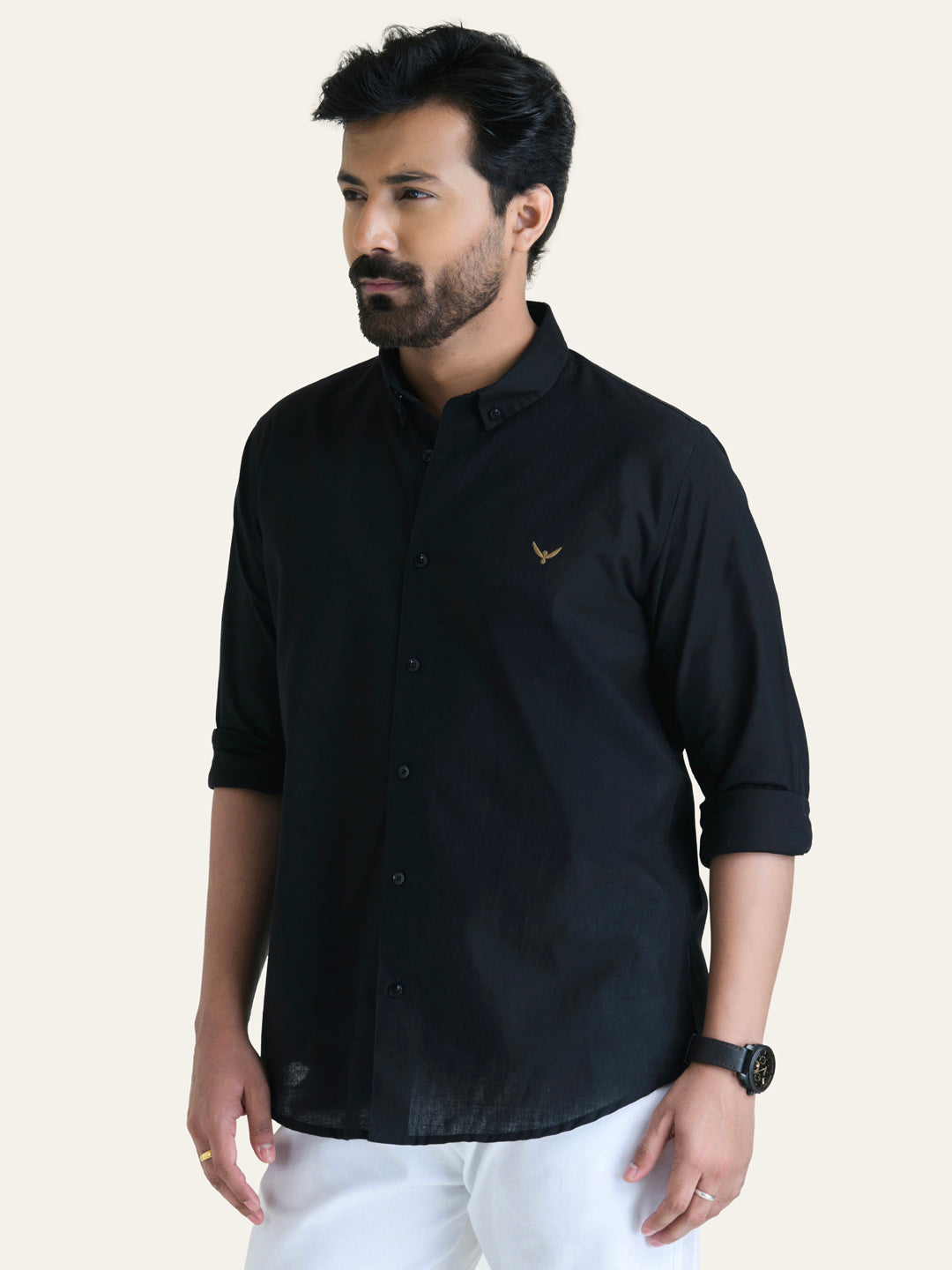 Black Solid Slim Fit Linen Cotton Shirt
