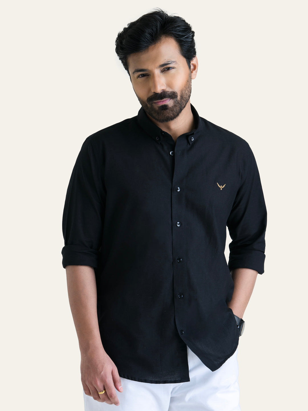 Black Solid Slim Fit Linen Cotton Shirt