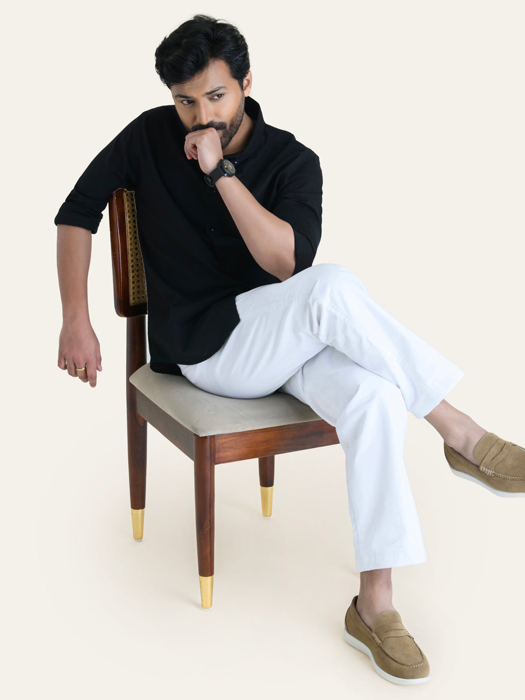 Black Solid Slim Fit Linen Cotton Shirt