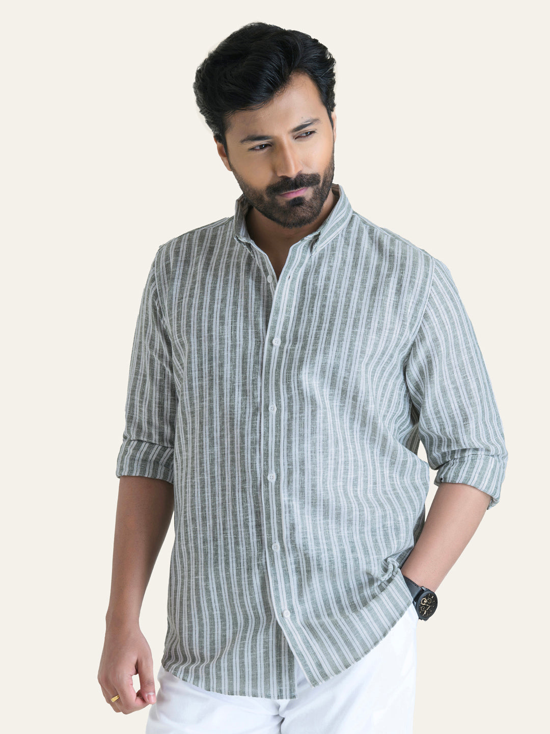 Green Striped Slim Fit Linen Cotton Shirt
