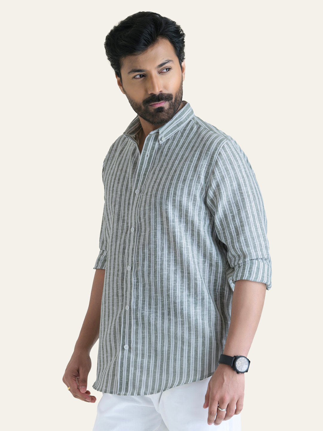 Green Striped Slim Fit Linen Cotton Shirt