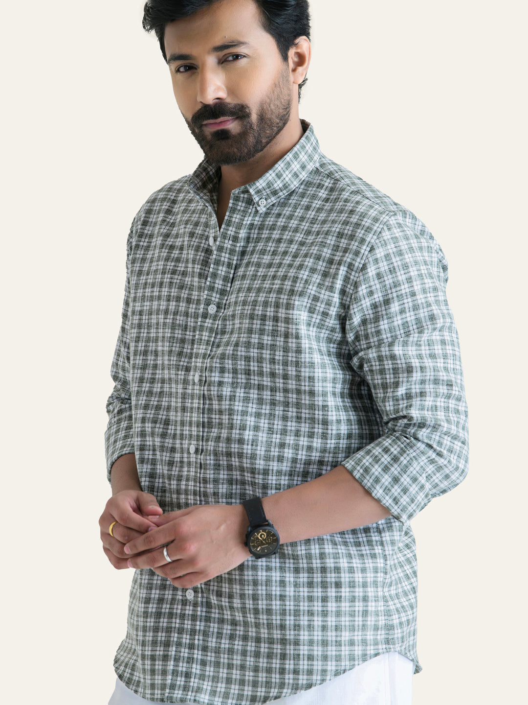 Green Checked Slim Fit Linen Cotton Shirt