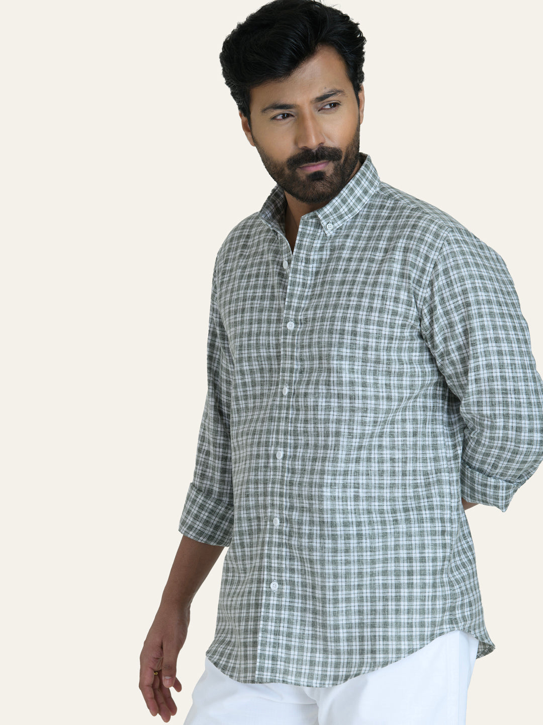 Green Checked Slim Fit Linen Cotton Shirt