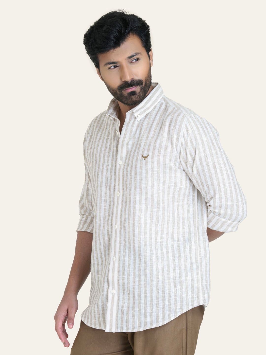 Beige Striped Slim Fit Linen Cotton Shirt