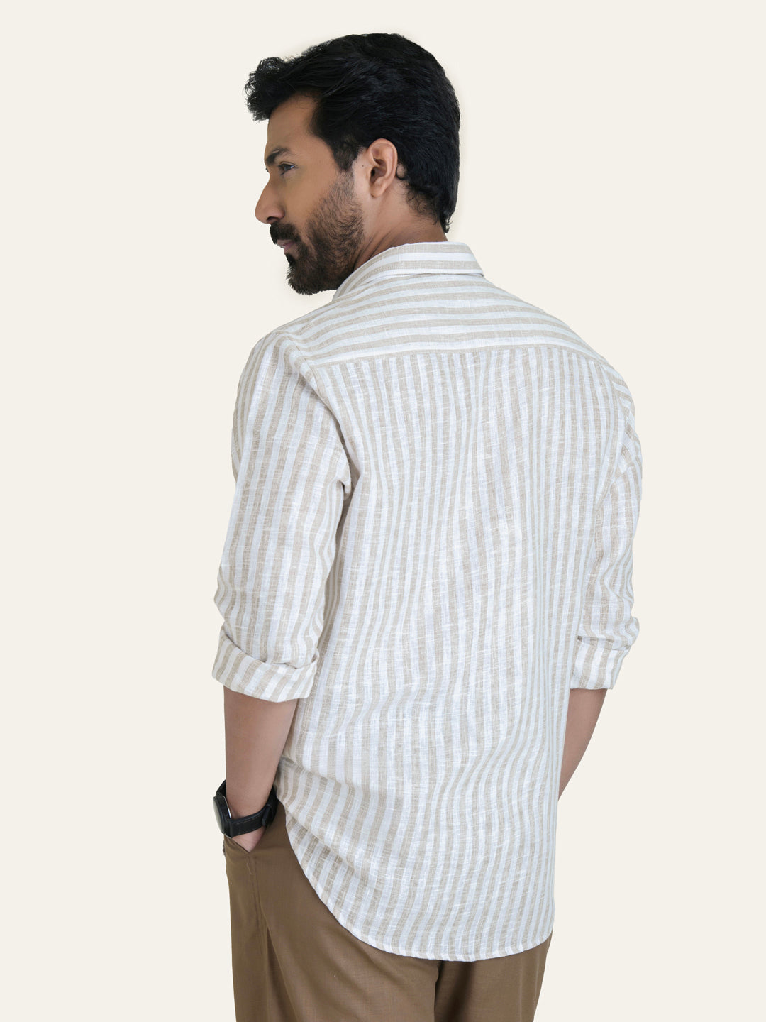 Beige Striped Slim Fit Linen Cotton Shirt