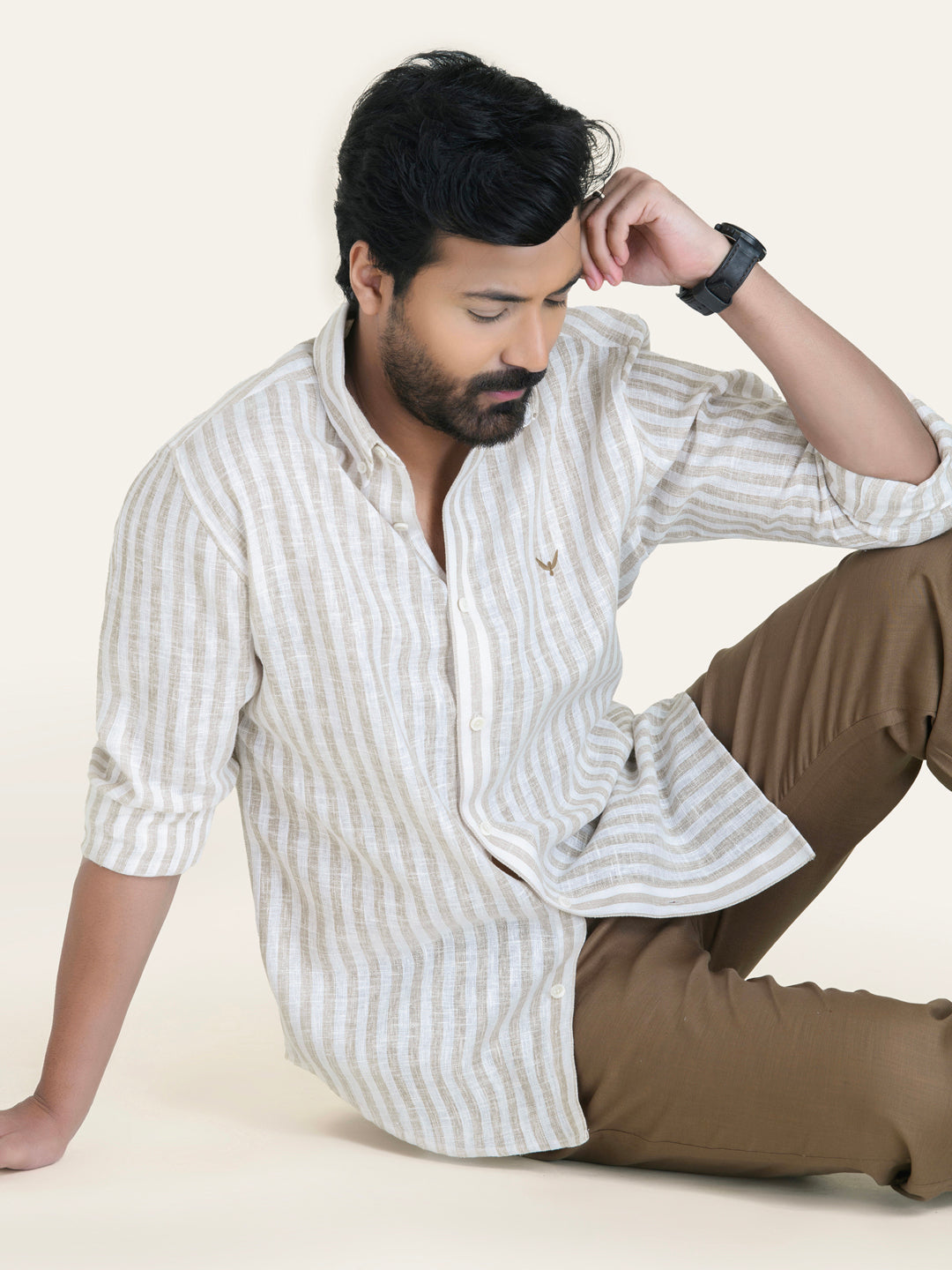 Beige Striped Slim Fit Linen Cotton Shirt