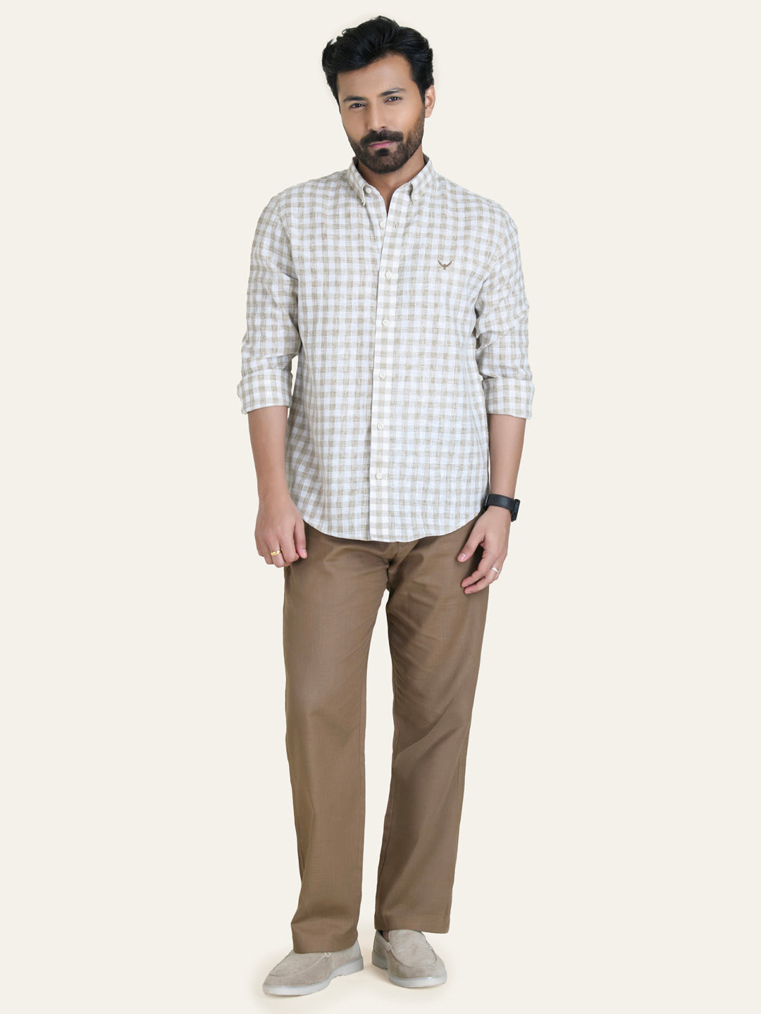 Beige Checked Slim Fit Linen Cotton Shirt