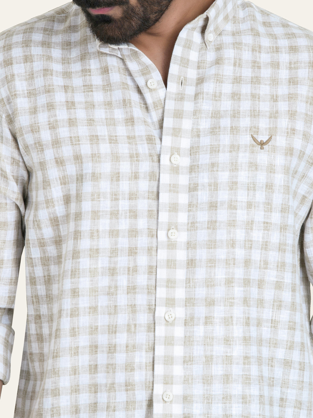 Beige Checked Slim Fit Linen Cotton Shirt
