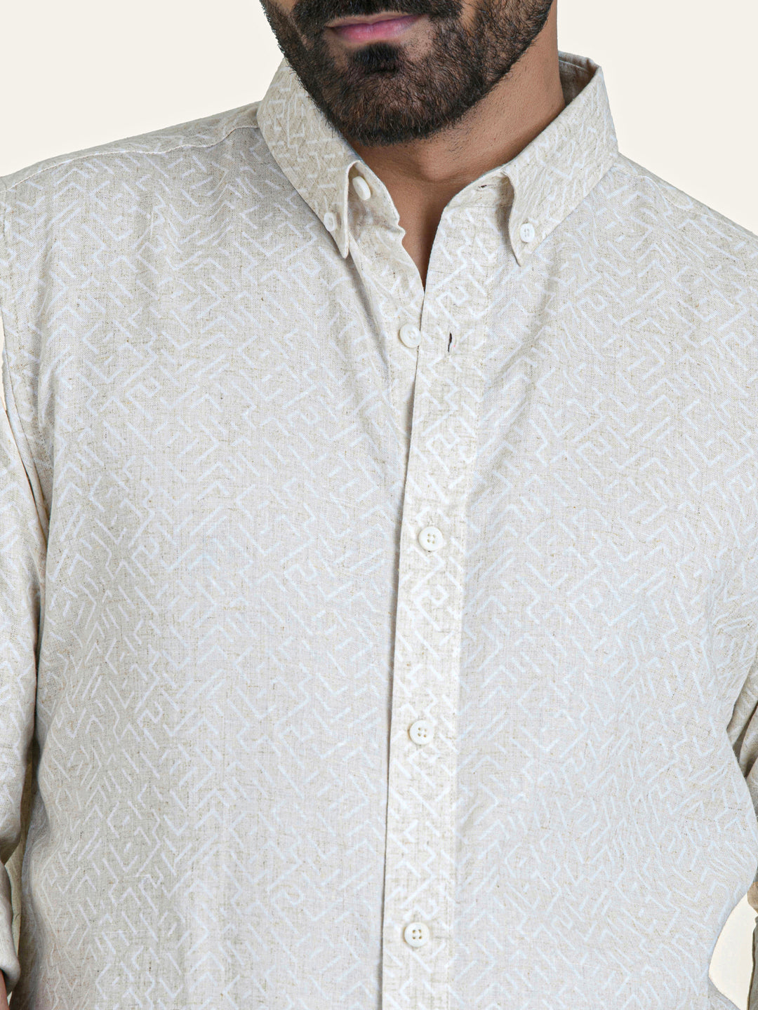 Beige Color Abstract Print Linen Cotton Shirt