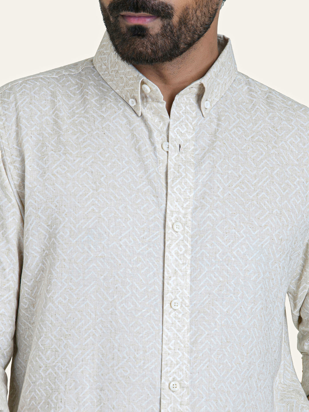 Beige Color Abstract Print Linen Cotton Shirt