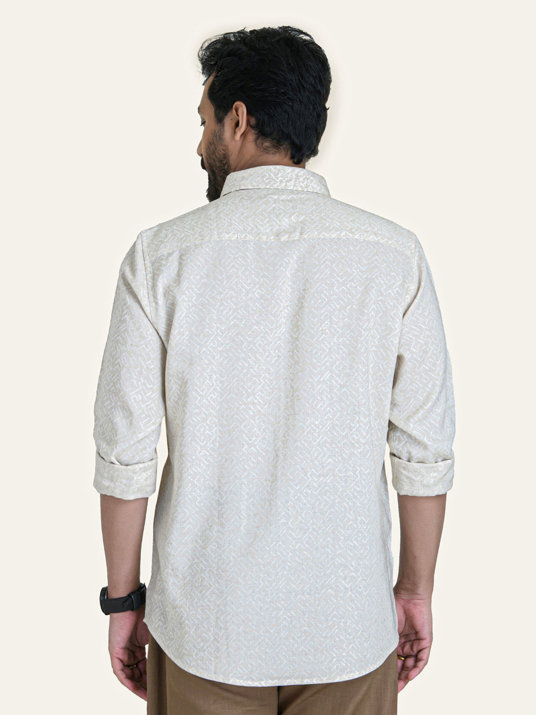 Beige Color Abstract Print Linen Cotton Shirt