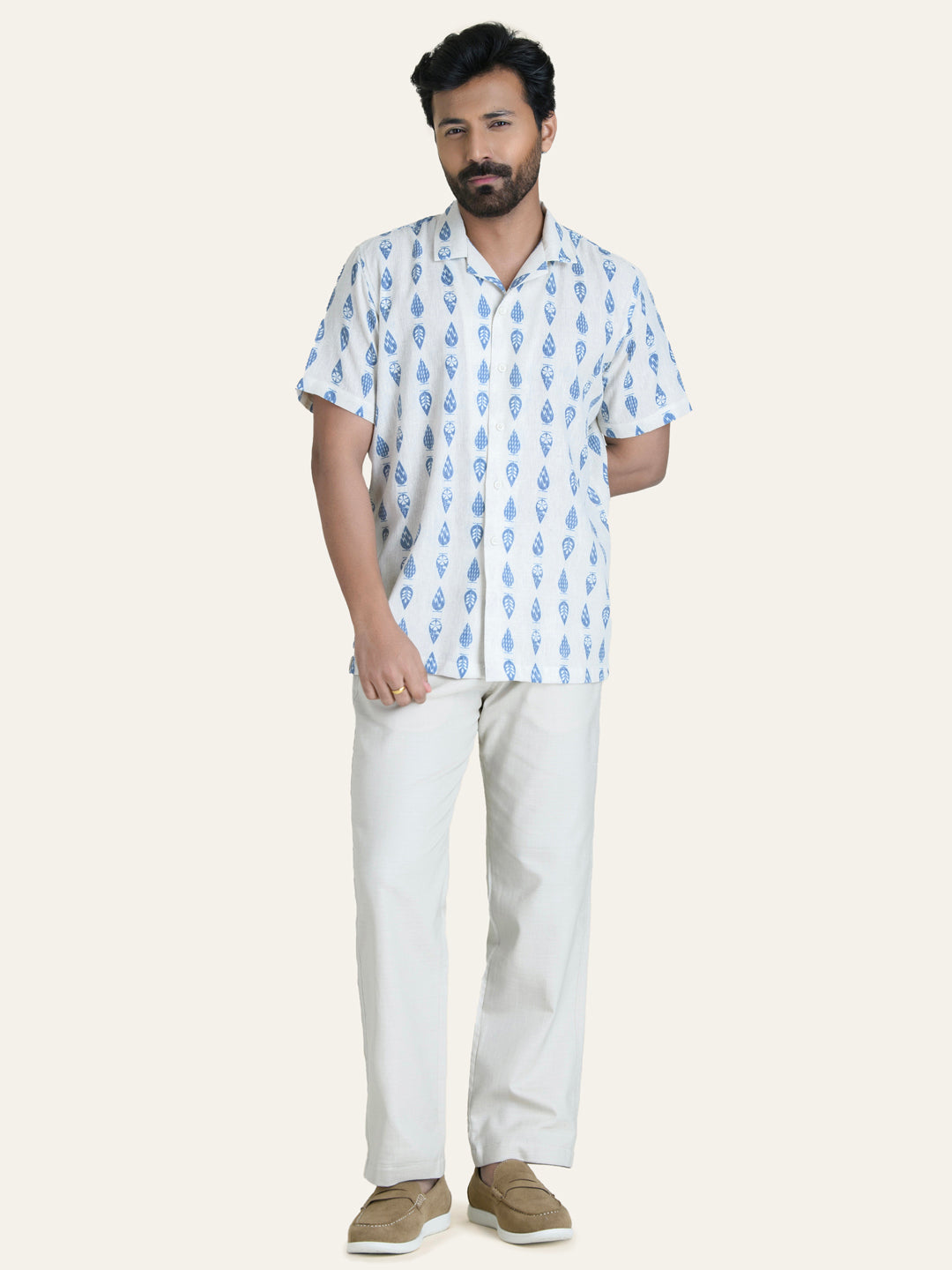 Cream Printed Linen Shirt