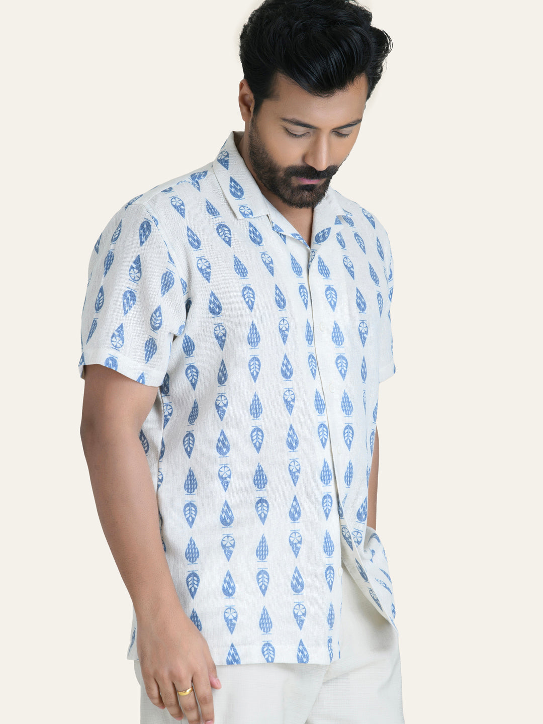 Cream Printed Linen Shirt