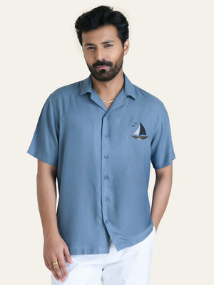 Blue Embroidery Rayon Shirt