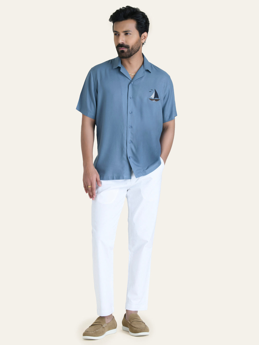 Blue Embroidery Rayon Shirt