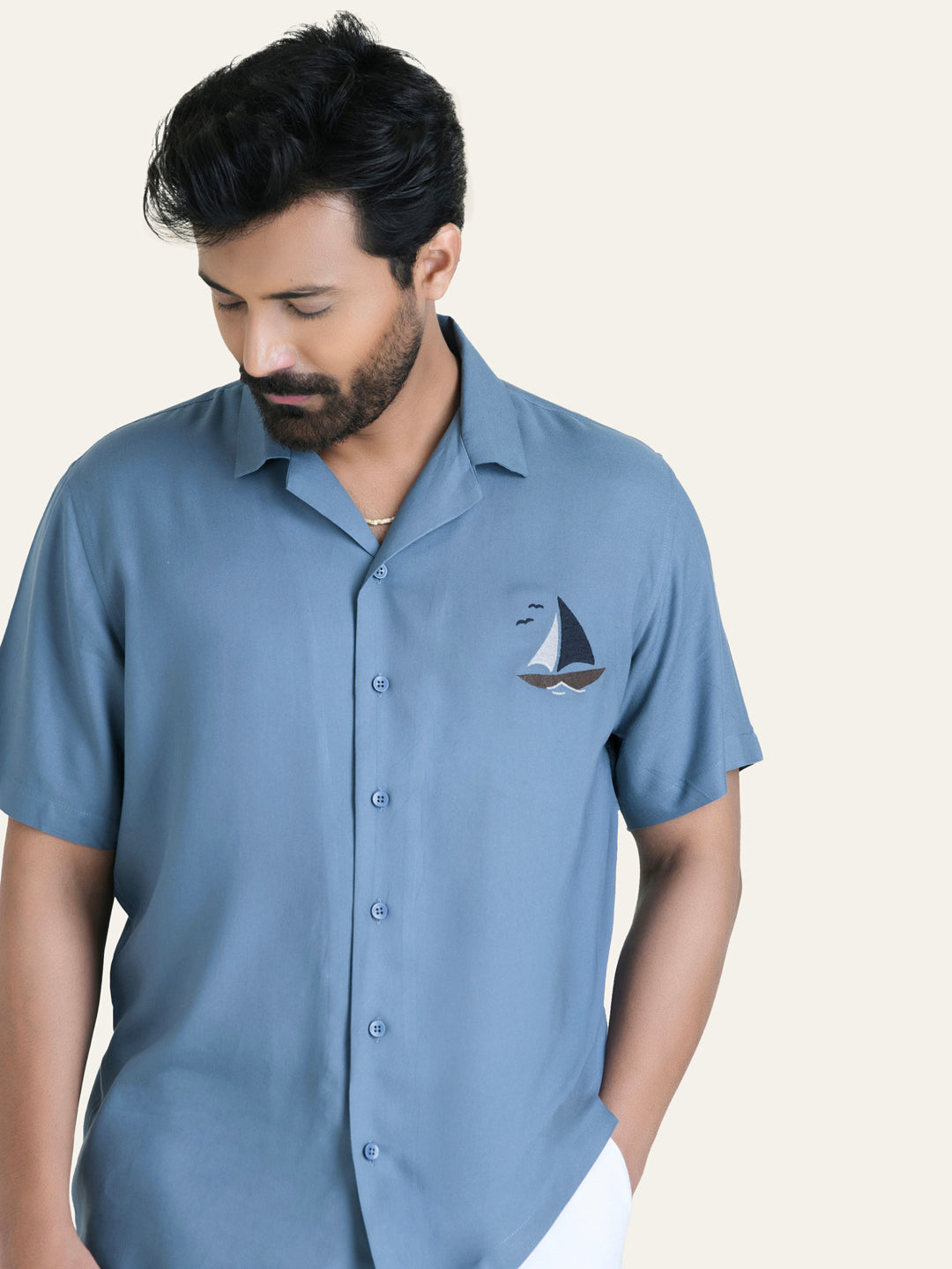 Blue Embroidery Rayon Shirt