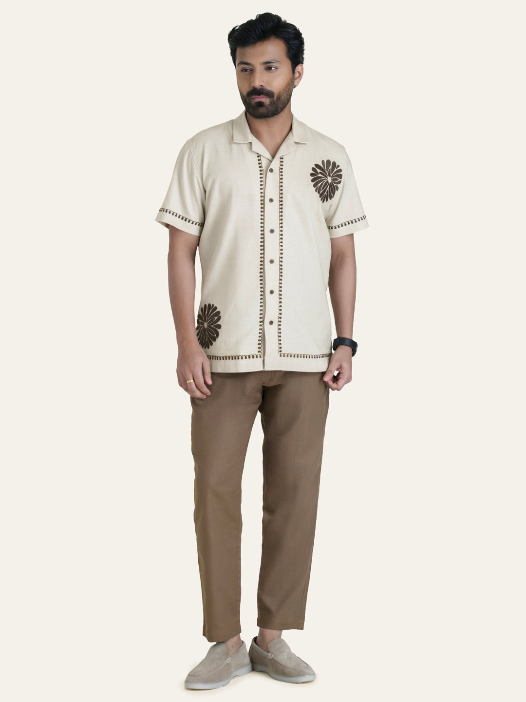 Beige Embroidery Linen Shirt
