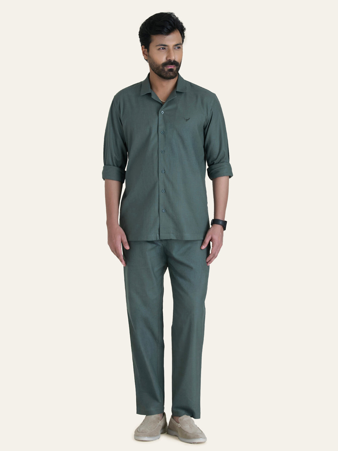 English Green Solid Linen Cotton Shirt