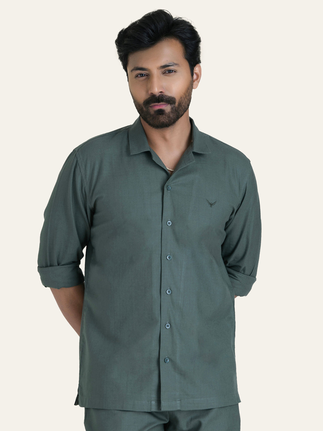 English Green Linen Solid Shirt Shorts Co-ord Set.