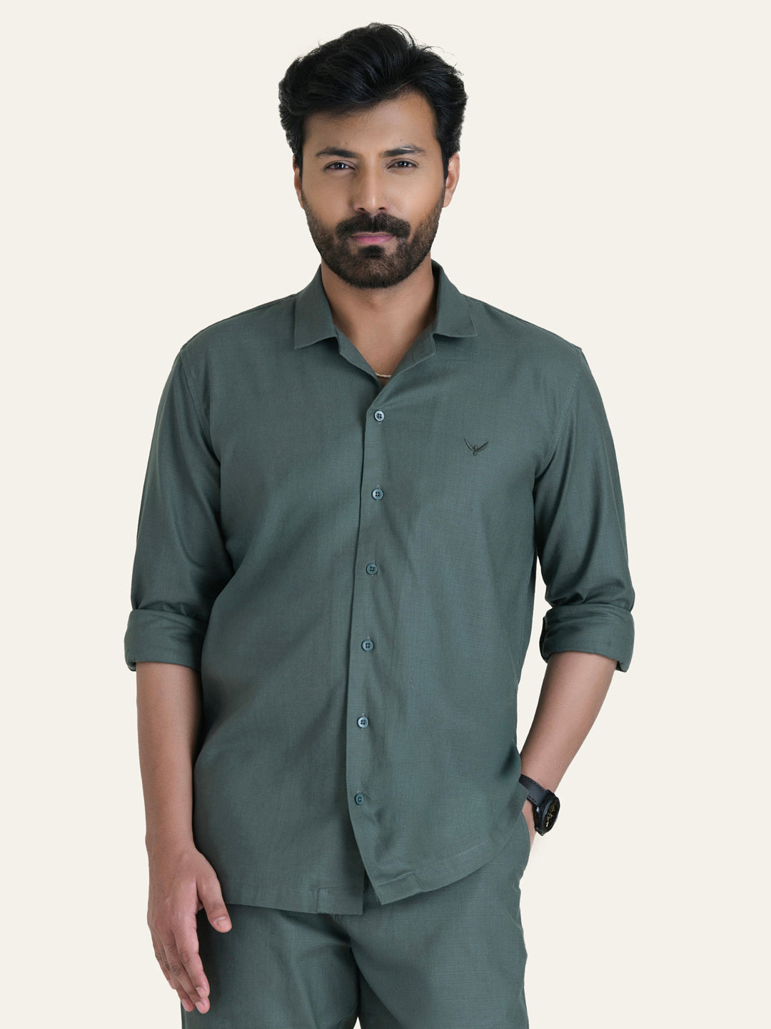 English Green Linen Solid Shirt Shorts Co-ord Set.