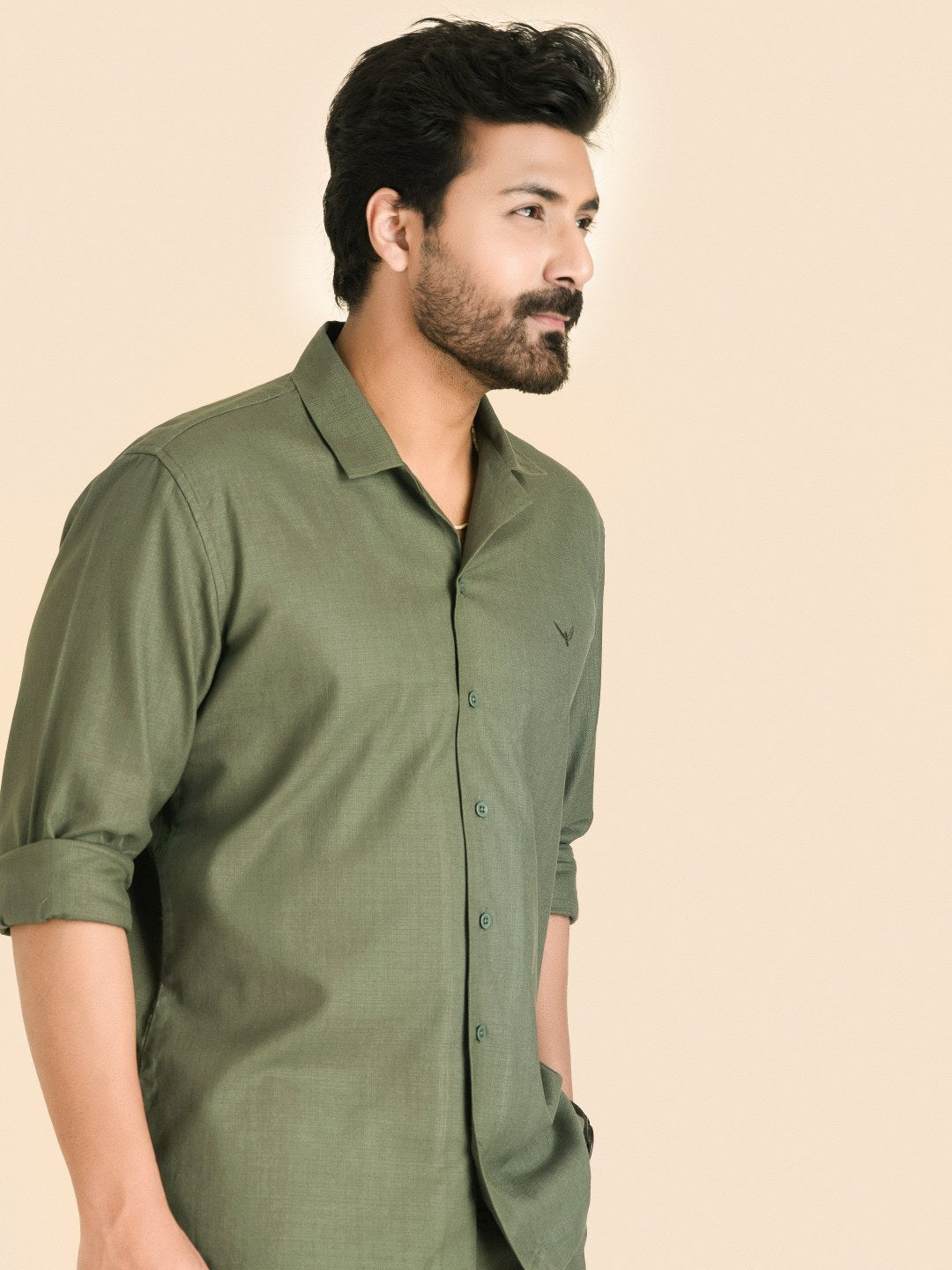 Olive Green Solid Linen Cotton Shirt