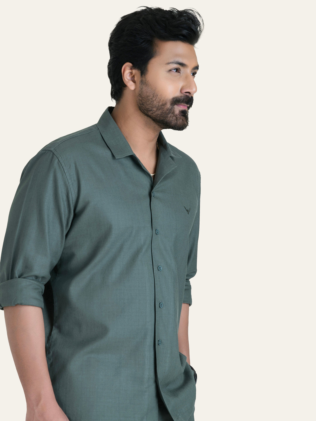 English Green Solid Linen Cotton Shirt