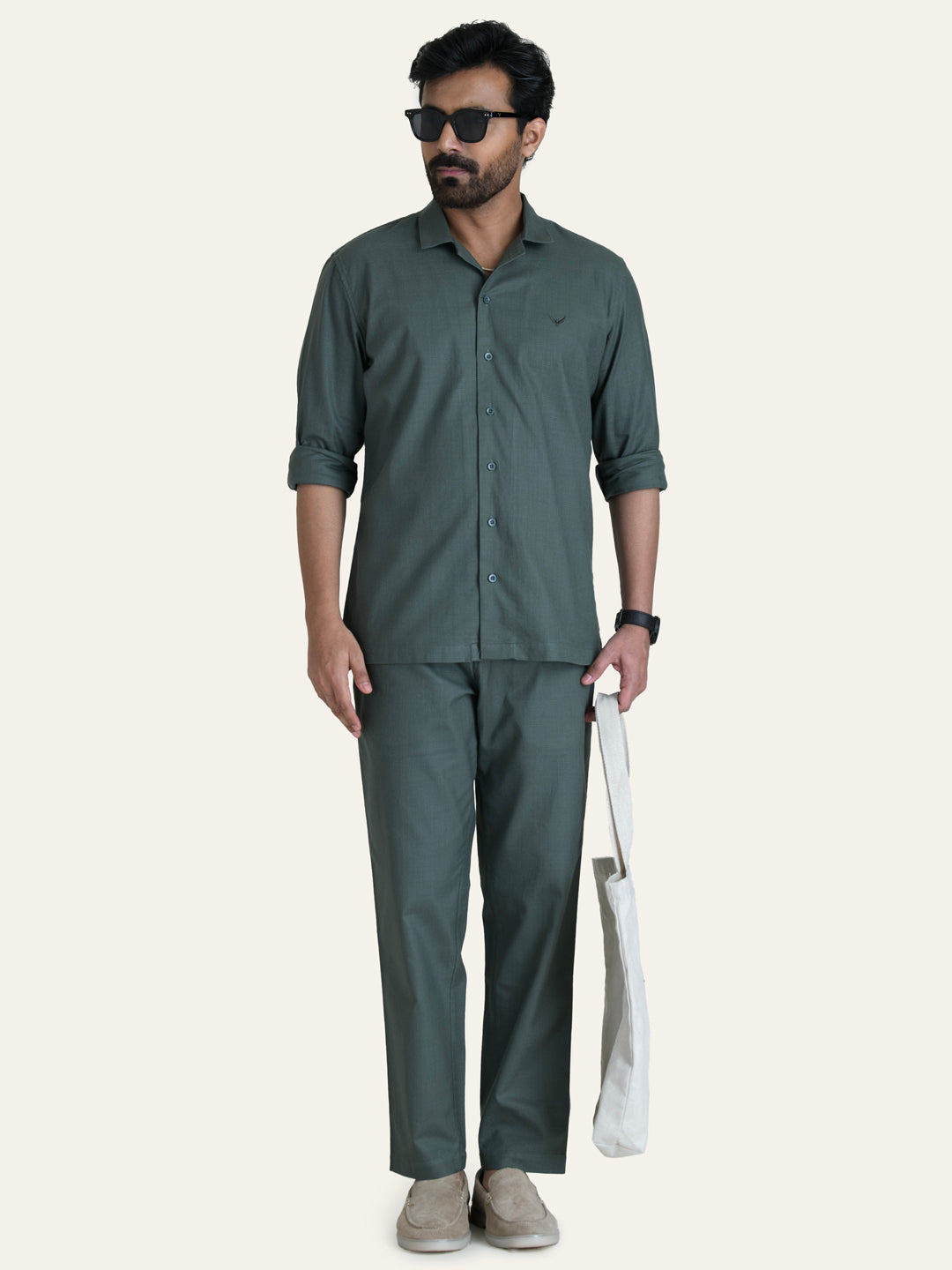English Green Linen Solid Shirt Pants Co-ord Set.