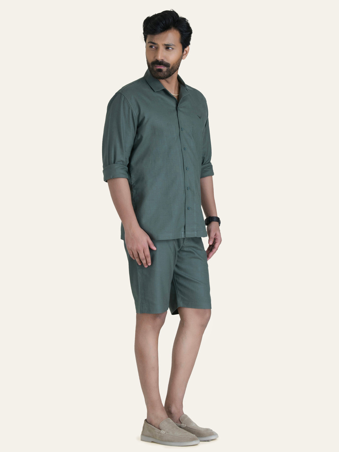 English Green Linen Solid Shirt Shorts Co-ord Set.