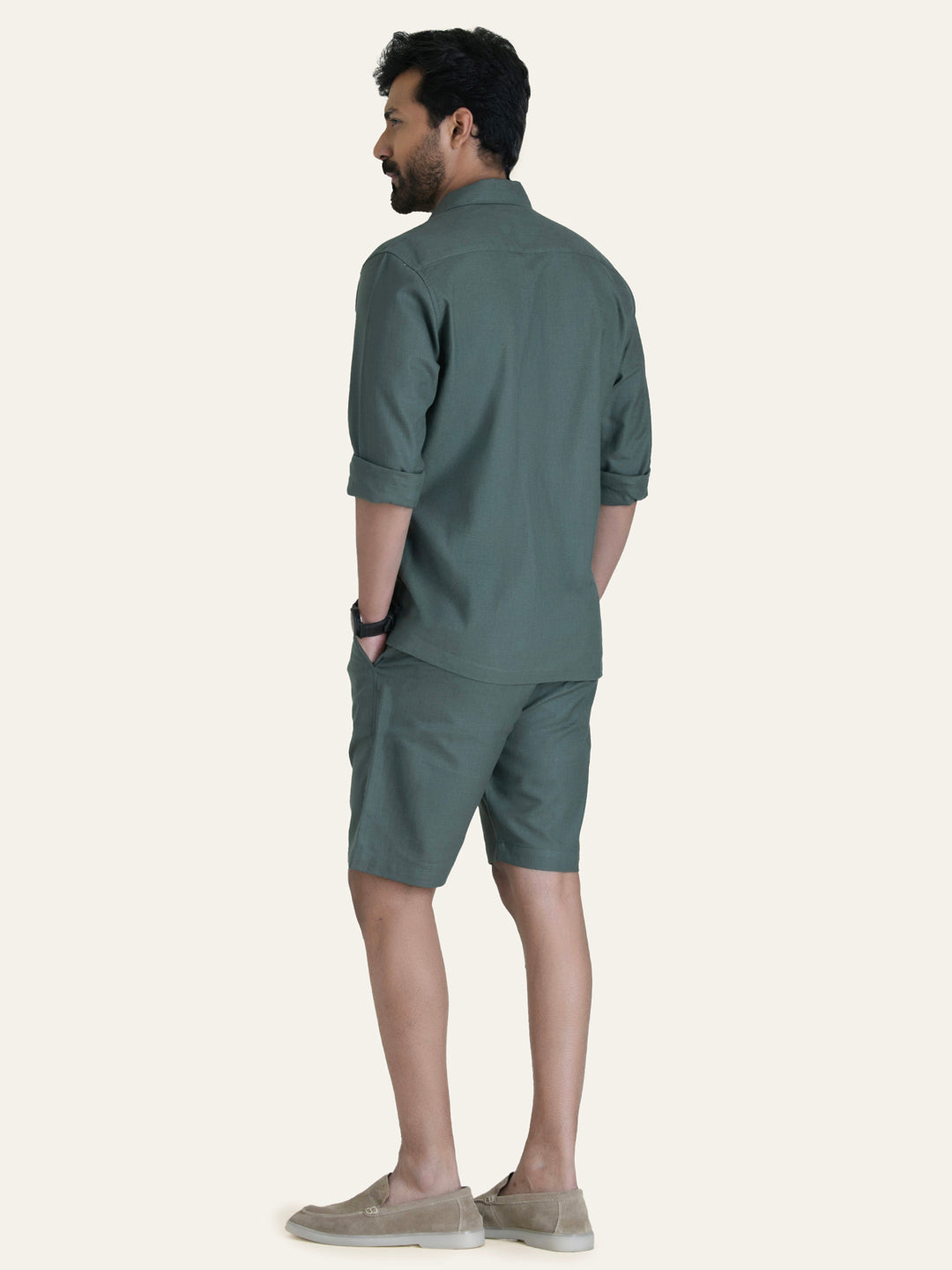 English Green Linen Solid Shirt Shorts Co-ord Set.