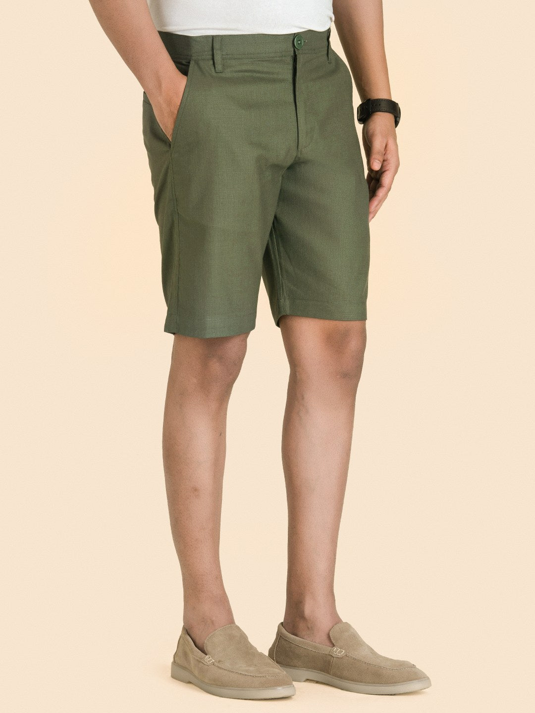 Olive Green Linen Solid Shorts
