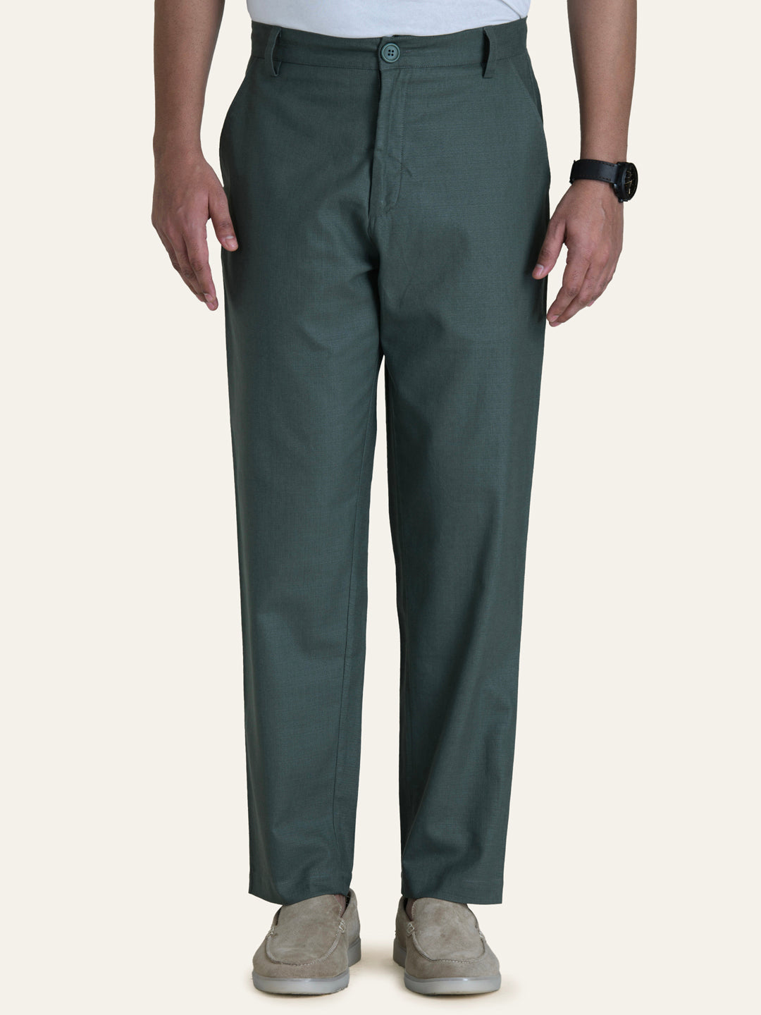 English Green Linen Solid Shirt Pants Co-ord Set.