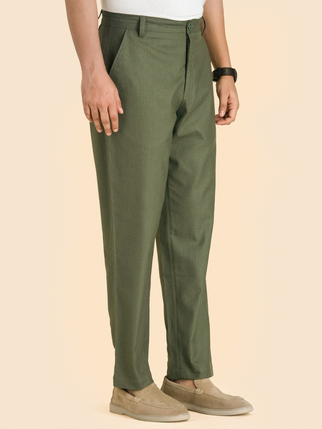 Olive Green Solid Linen Pants