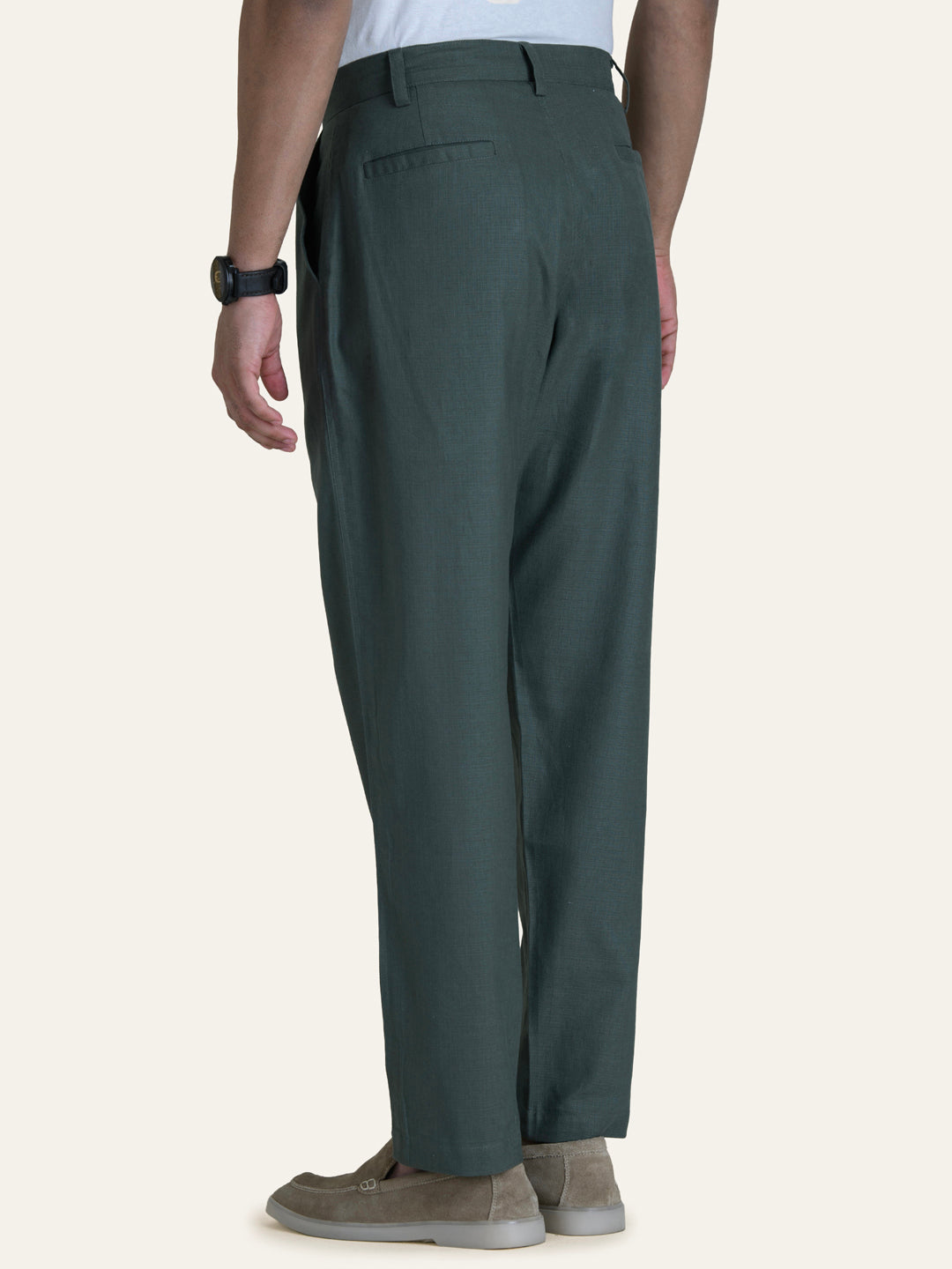 English Green Linen Solid Shirt Pants Co-ord Set.