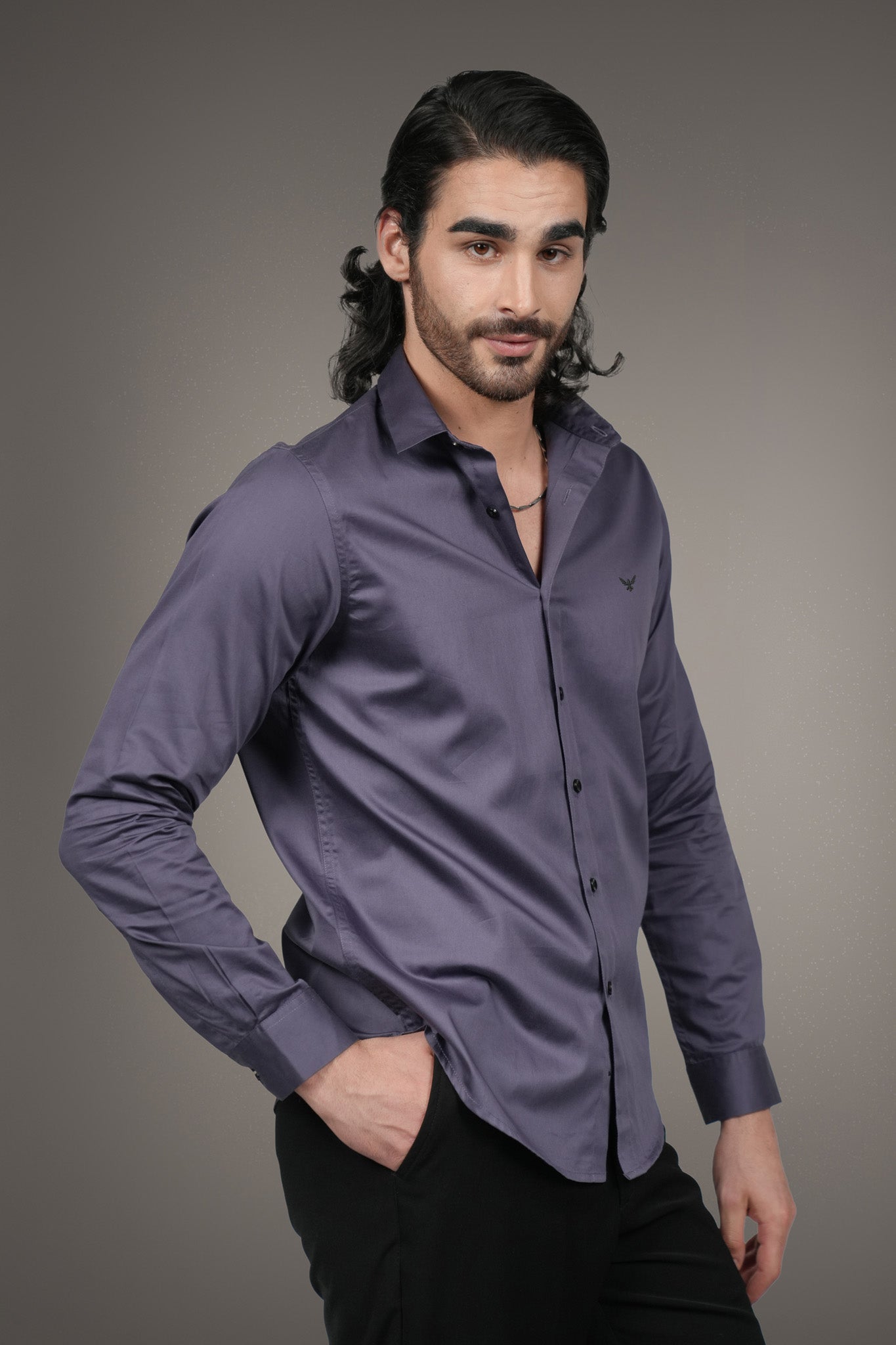 Purple Solid Cotton Satin Slim Fit Shirt