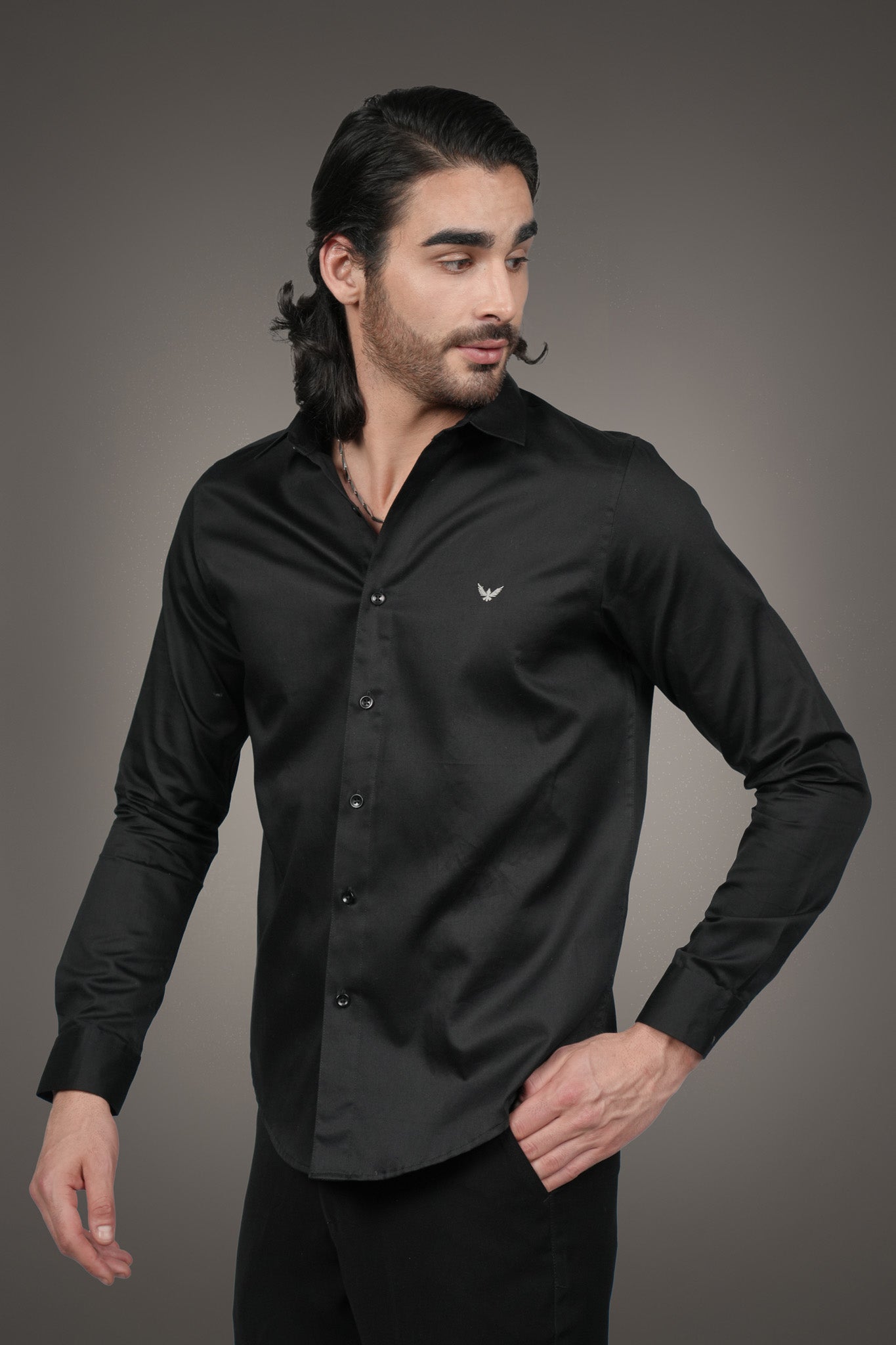 Black Solid Cotton Satin Slim Fit Shirt