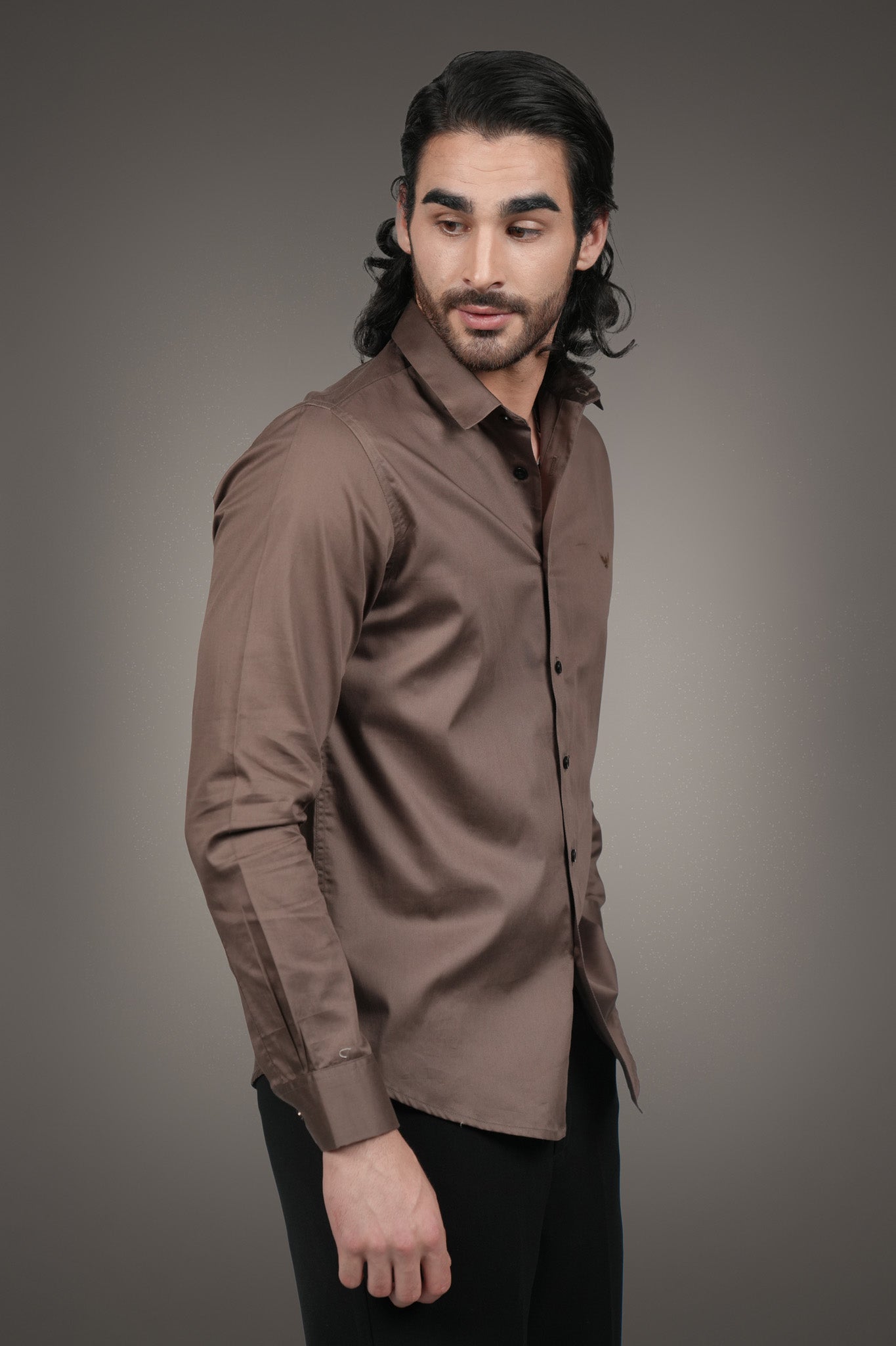 Mocha Brown Solid Cotton Satin Slim Fit Shirt