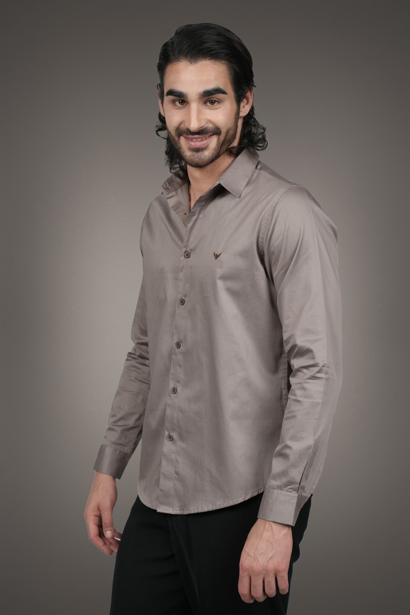 Metallic Beige Solid Cotton Satin Slim Fit Shirt