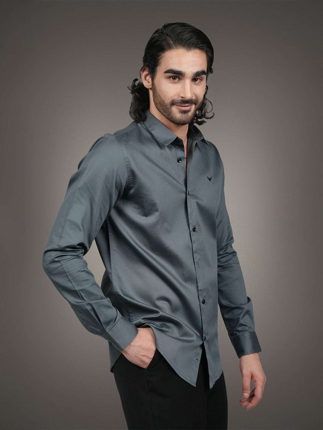 Dark Grey Solid Cotton Satin Slim Fit Shirt
