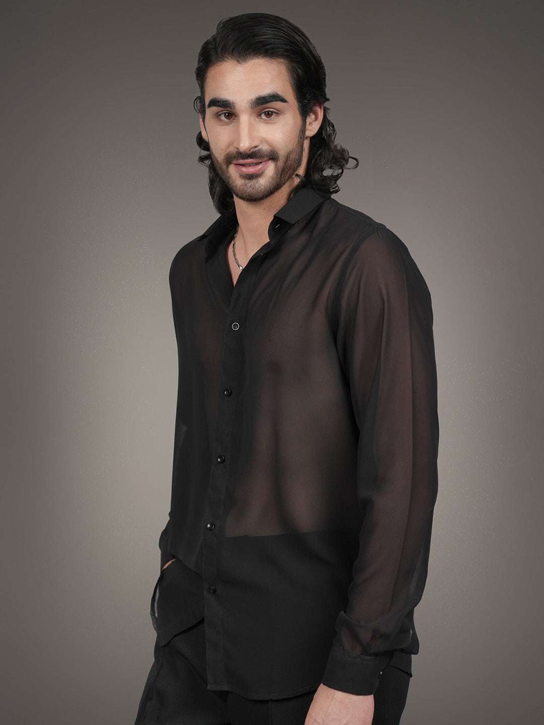 Black Solid Georgette Solid Slim Fit Transparent Shirt