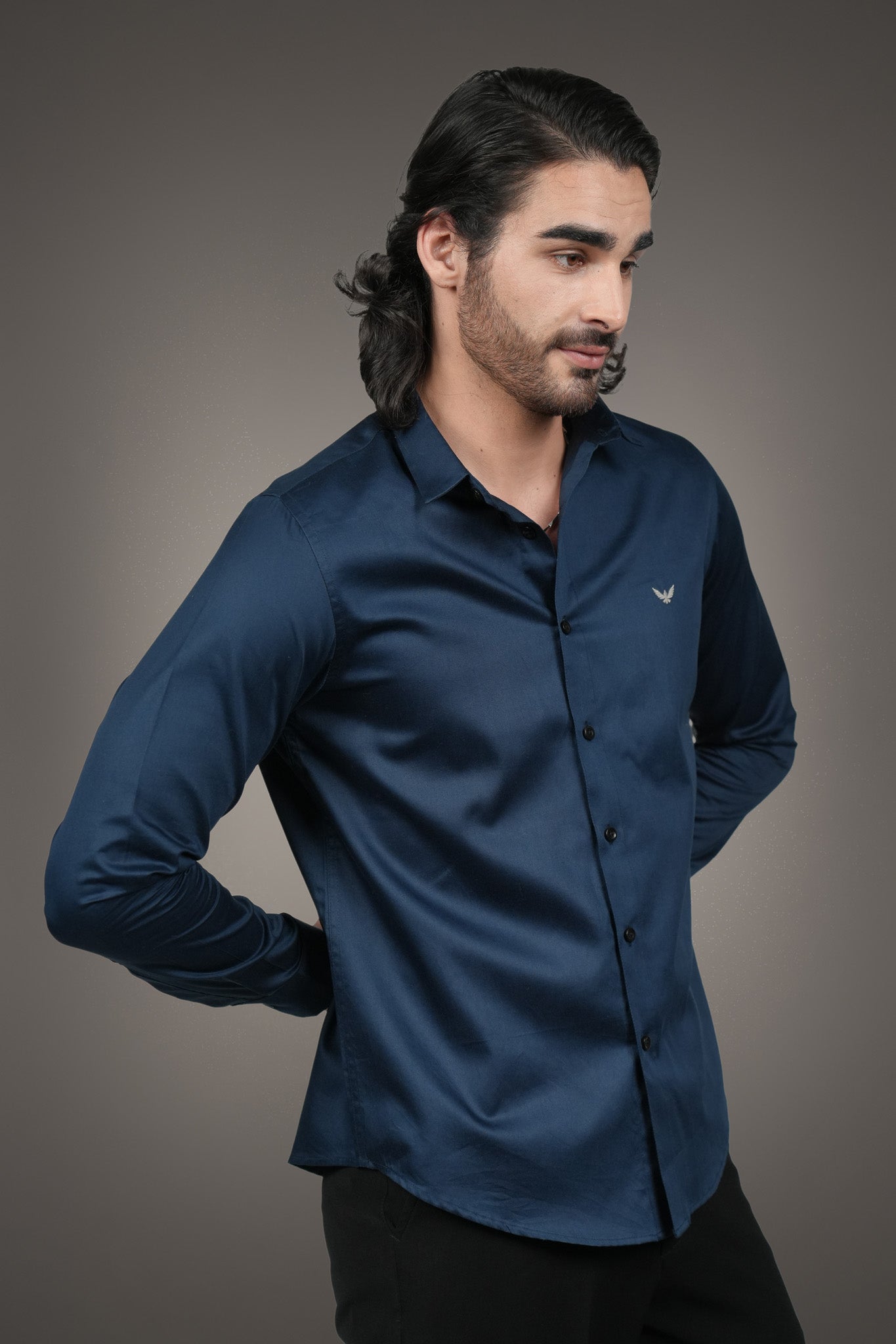 Navy Solid Cotton Satin Slim Fit Shirt