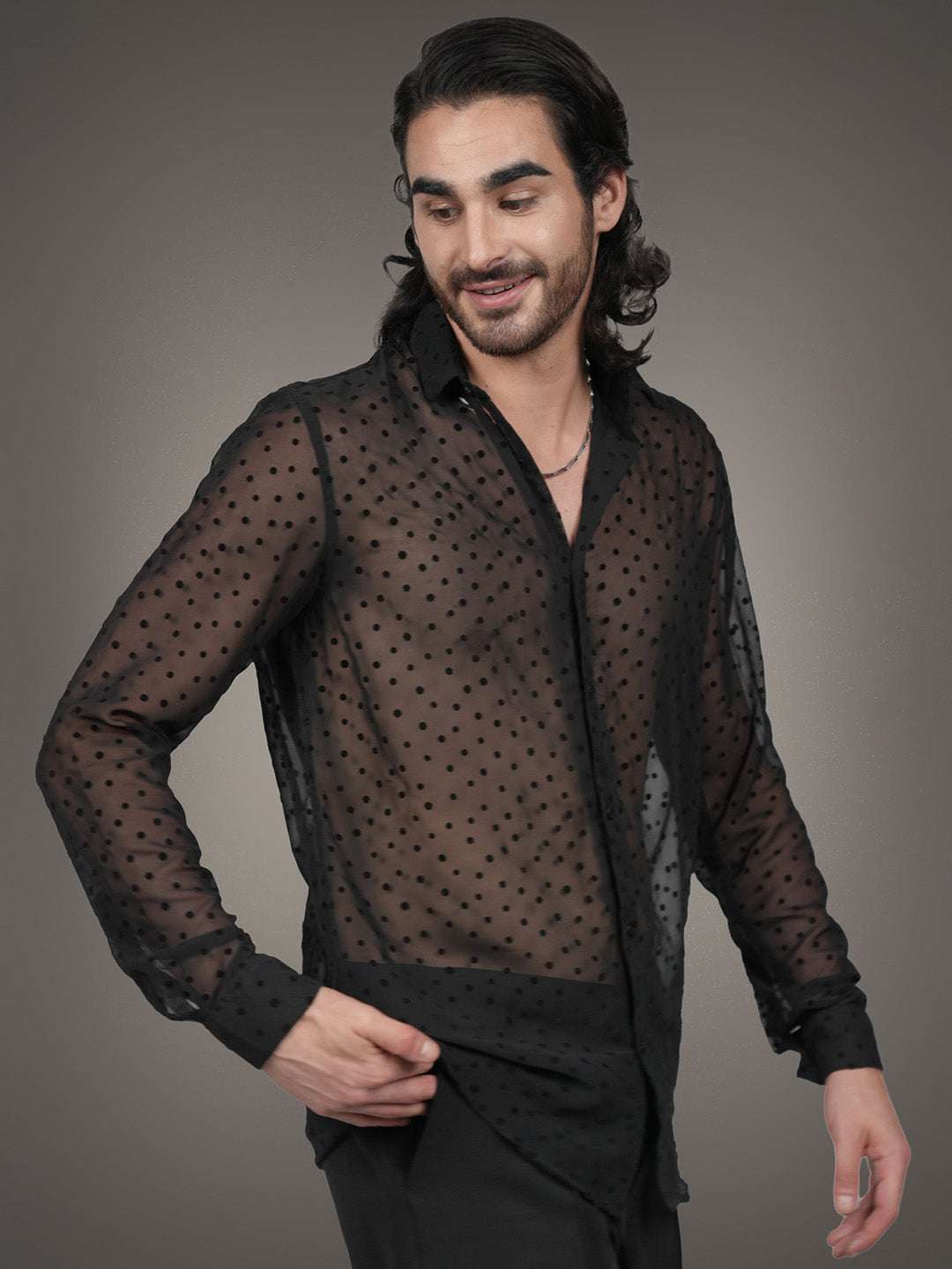 Black Textured Georgette Dobby Slim Fit Transparent Shirt